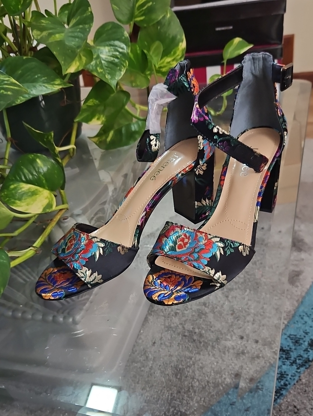 Black Floral Embroidered Block Heel Sandals